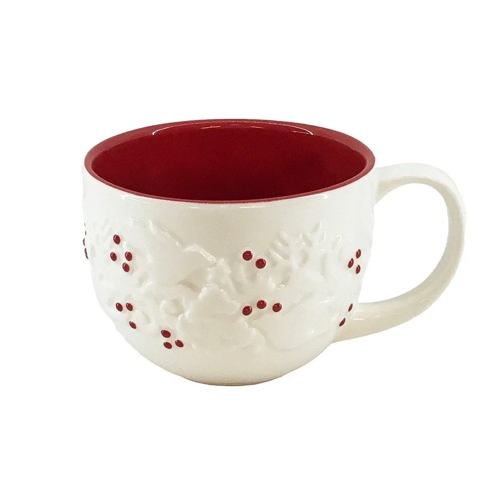STARBUCKS 2008‎ Embossed Holiday Coffee Mug • 12oz • white, red